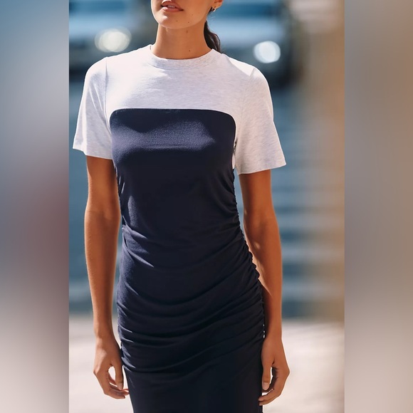 ANTHROPOLOGIE Daily Practice Side-Ruched Mini Dress M 18” p2p Navy $98 NWT - Picture 4 of 12